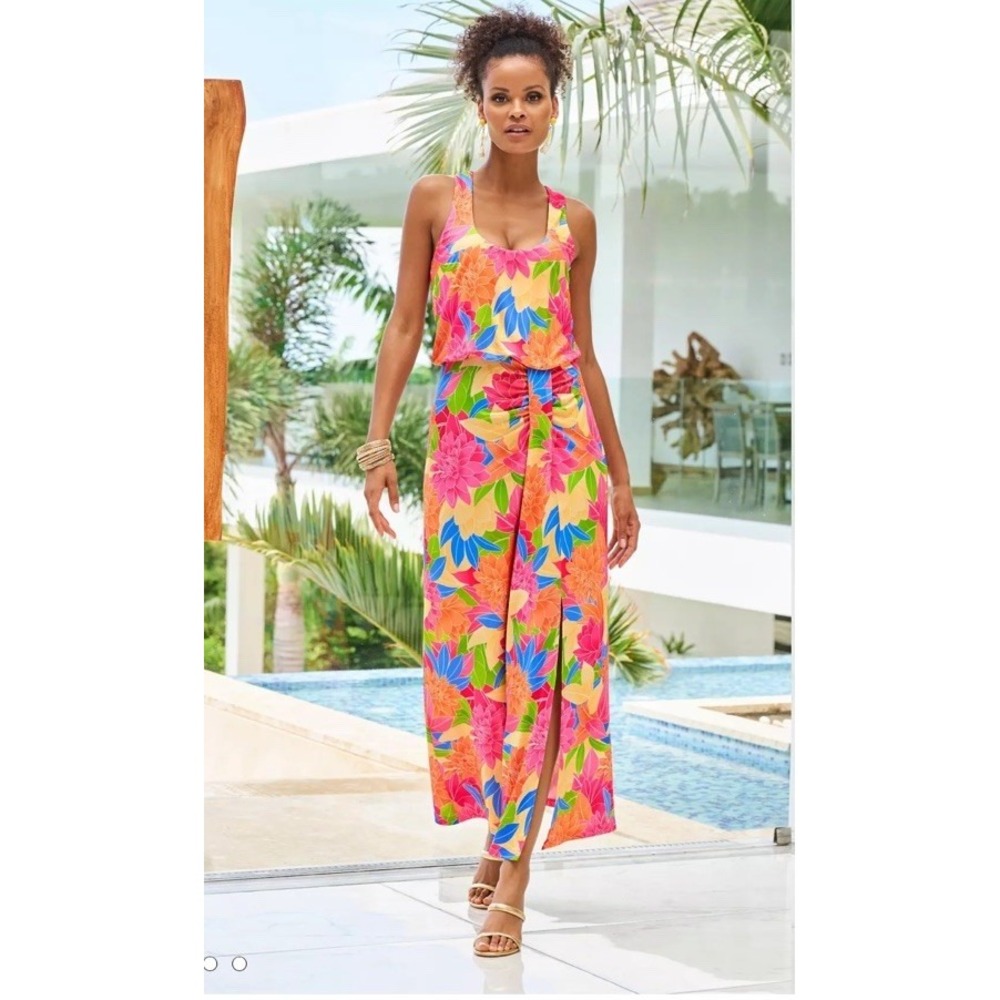 New Boston Proper Dress Scoop‎ Neck Blouson Sz Small Maxi Tropical Vacation